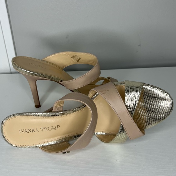 Ivanka Trump strappy heeled sandals. Two toned. Gold/nude stiletto. Leather. - Picture 2 of 8